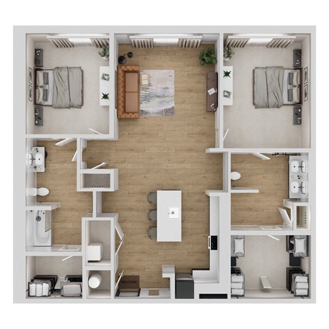 Floor plan for 2 beds, 2 baths, 1233 sqft